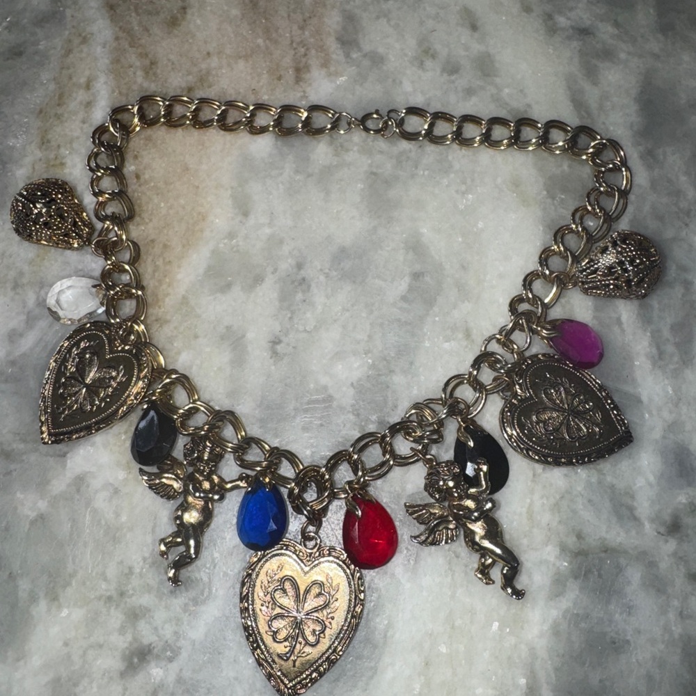 Gold-Tone charm necklace Heart & Cherub Charm Necklace with Multicolored Drops
